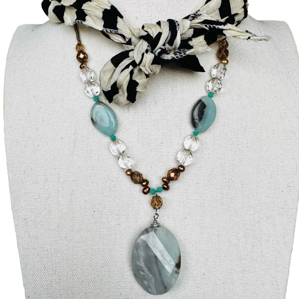 OOAK Artisan Aqua Stone Statement Pendant Necklace & Beaded Hoop Earrings Set